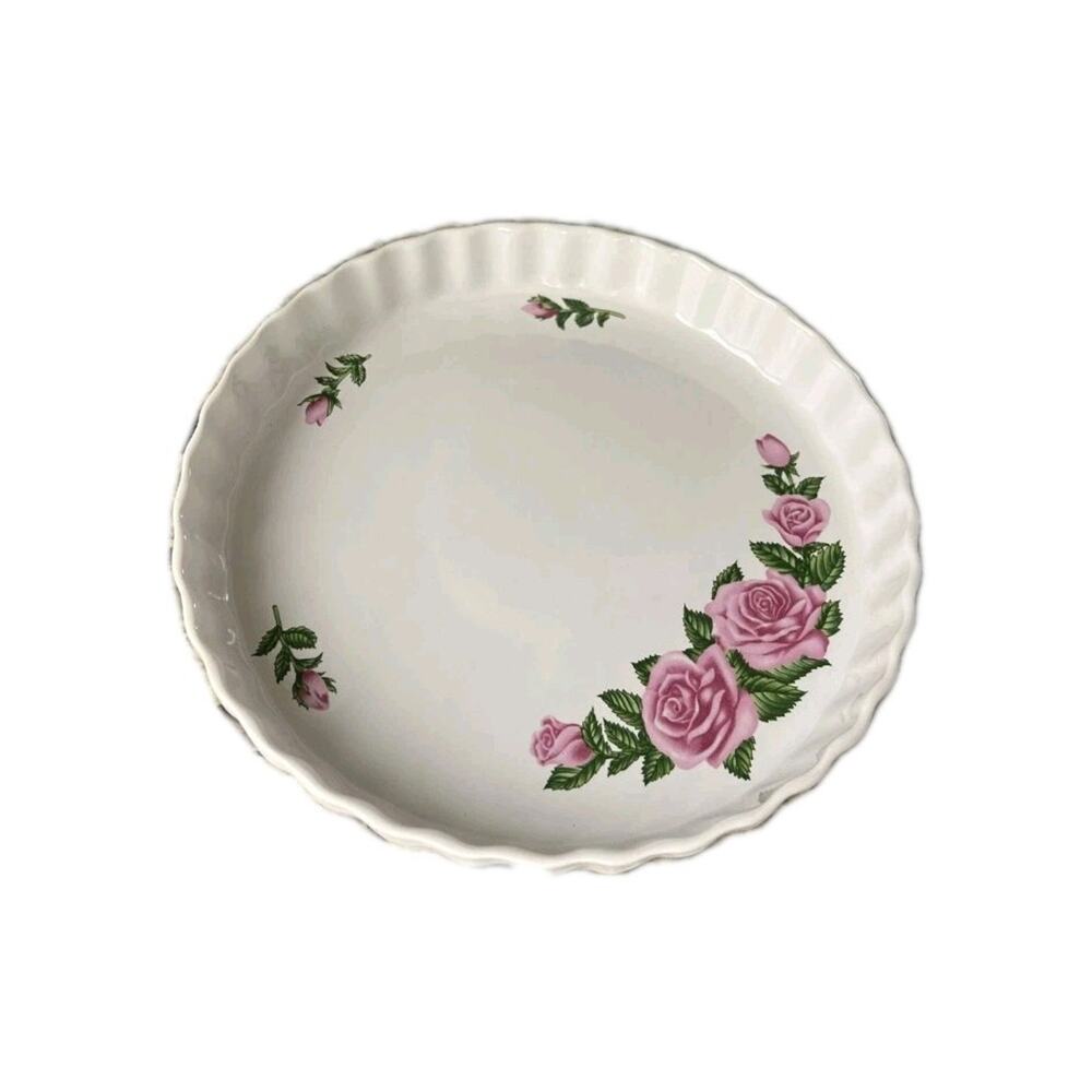 Christineholm White Ceramic Pink Rose Quiche Tart Pie Baking Dish 9" x 1.5" Tall